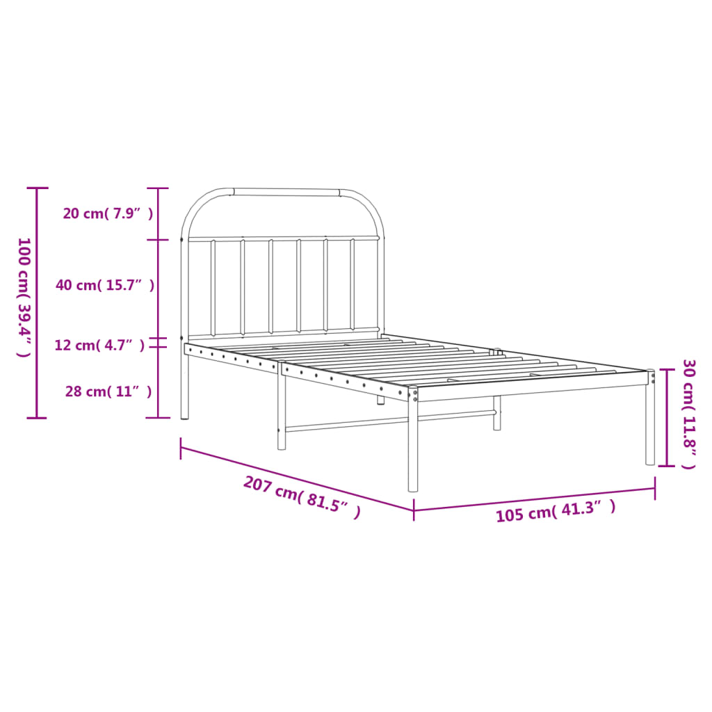 vidaXL Metal Bed Frame without Mattress with Headboard Black 100x200cm