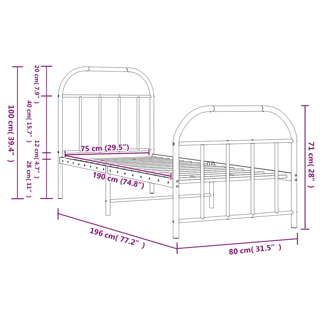 Metal Bed Frame without Mattress with Footboard Black 75x190cm