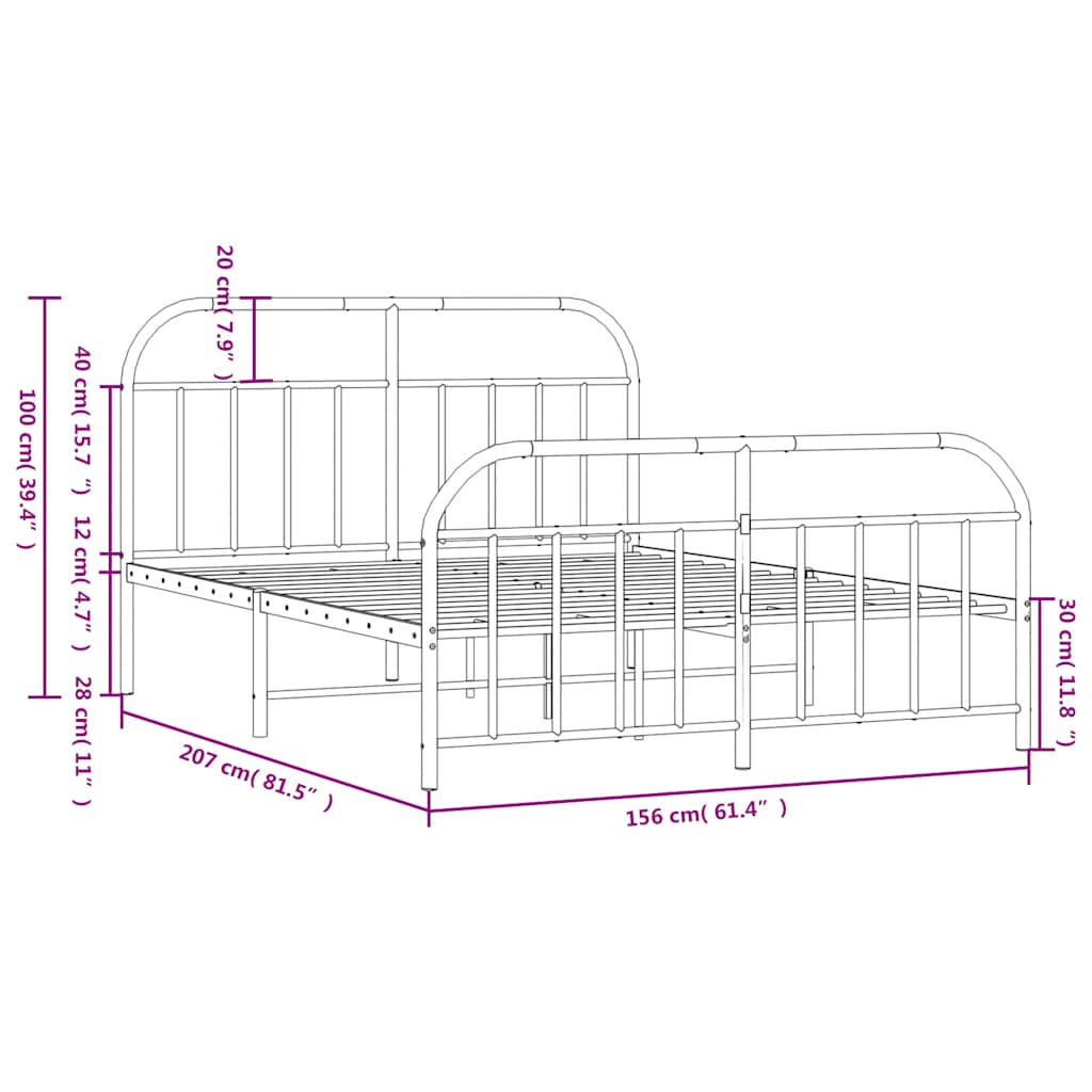 Metal Bed Frame without Mattress with Footboard Black 150x200cm