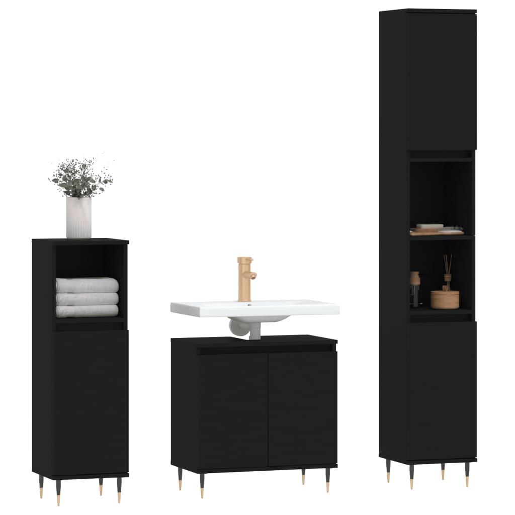 vidaXL 3 Piece Bathroom Cabinet Set Black Engineered Wood