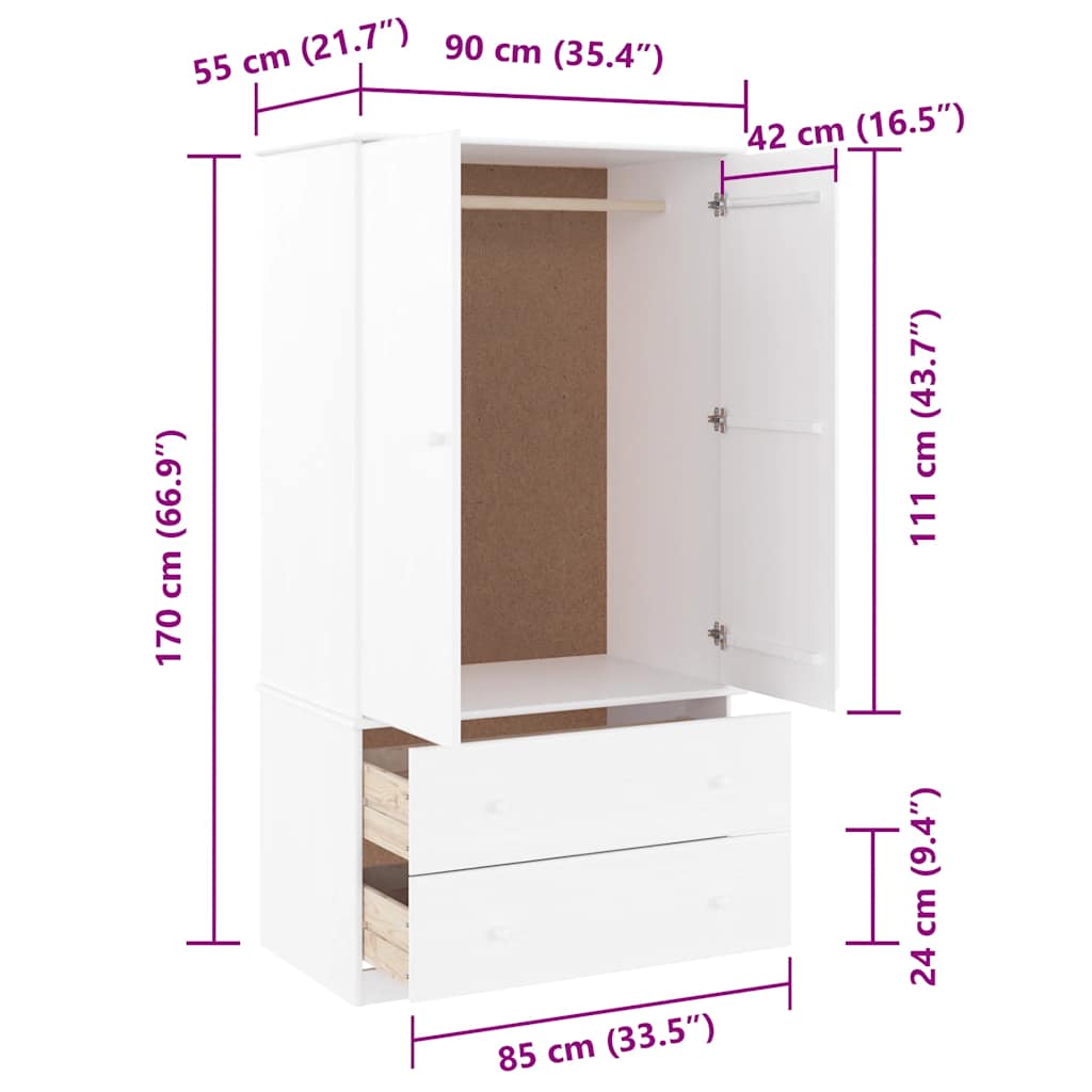 Wardrobe ALTA White 90x55x170 cm Solid Wood Pine