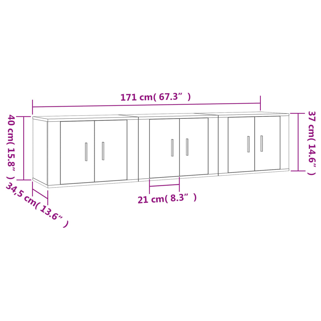 vidaXL Wall-mounted TV Cabinets 3 pcs Black 57x34.5x40 cm