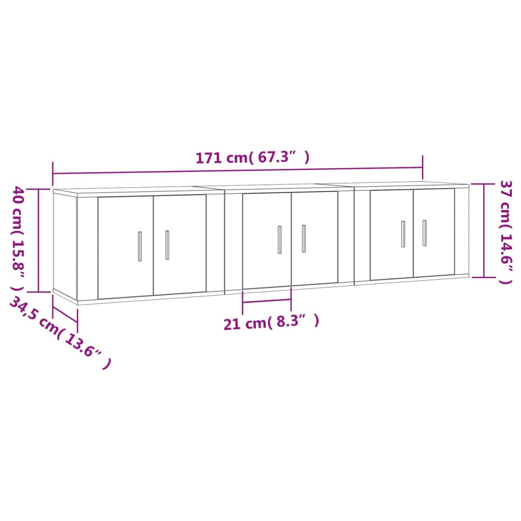 vidaXL Wall-mounted TV Cabinets 3 pcs Smoked Oak 57x34.5x40 cm