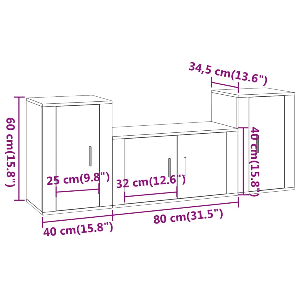 vidaXL 3 Piece TV Cabinet Set Smoked Oak Engineered Wood