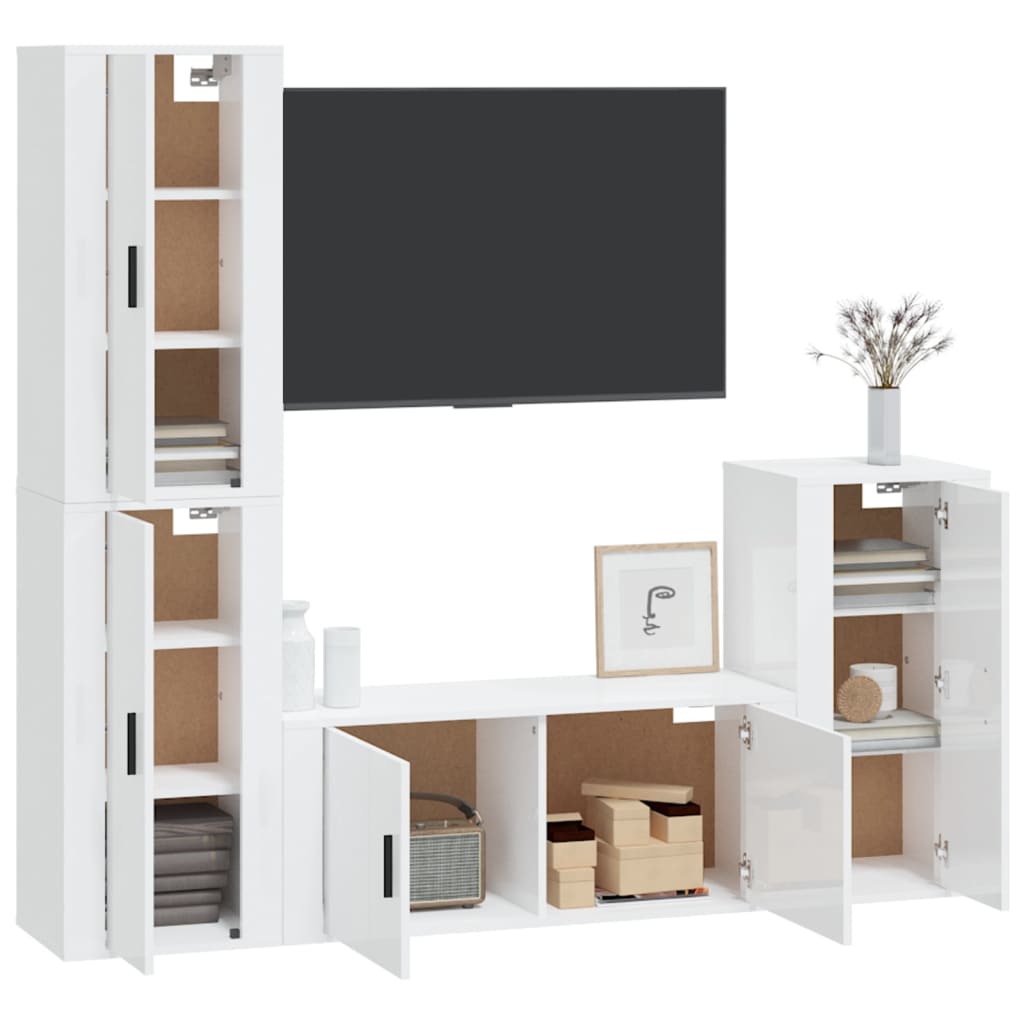 vidaXL 4 Piece TV Cabinet Set High Gloss White Engineered Wood