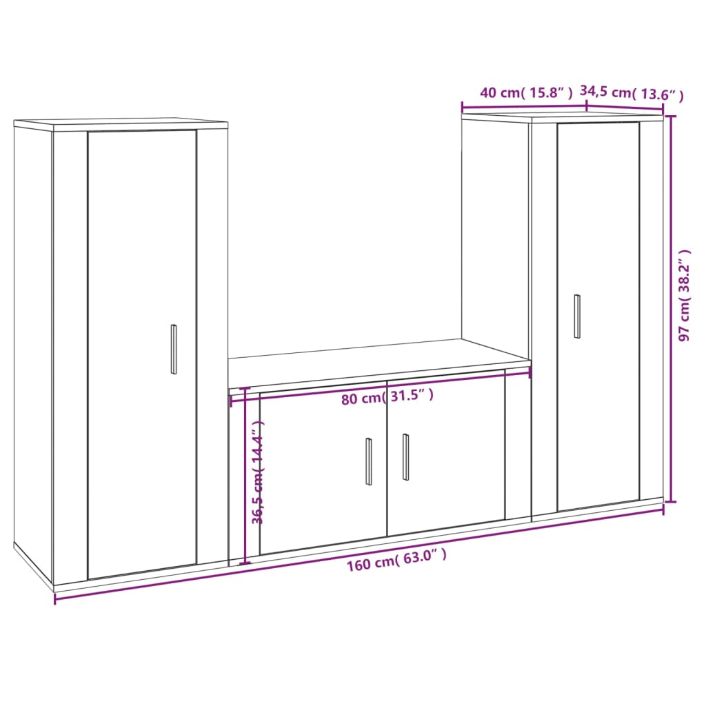 vidaXL 3 Piece TV Cabinet Set Sonoma Oak Engineered Wood