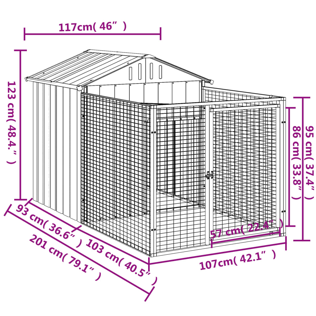 Dog House with Run Light Grey 117x201x123 cm Galvanised Steel