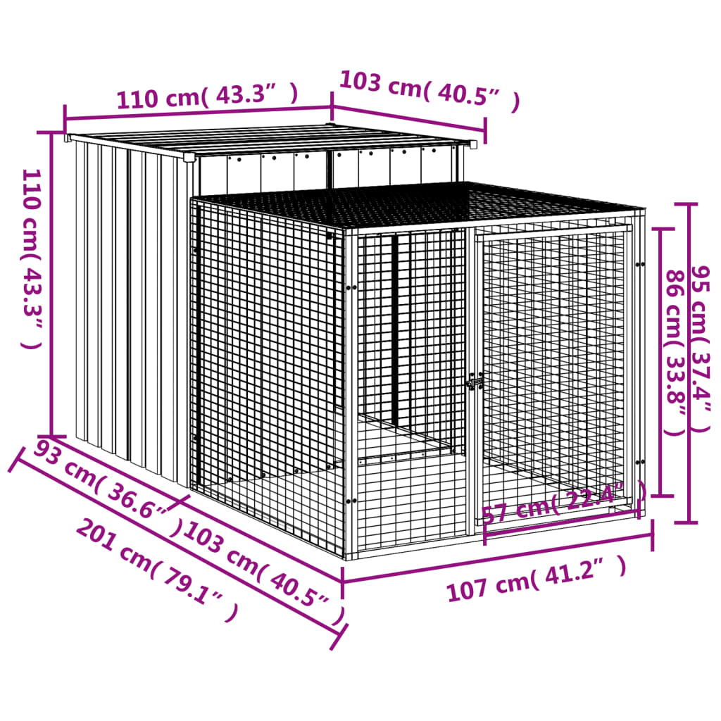 Chicken Cage with Run Light Grey 110x201x110 cm Galvanised Steel