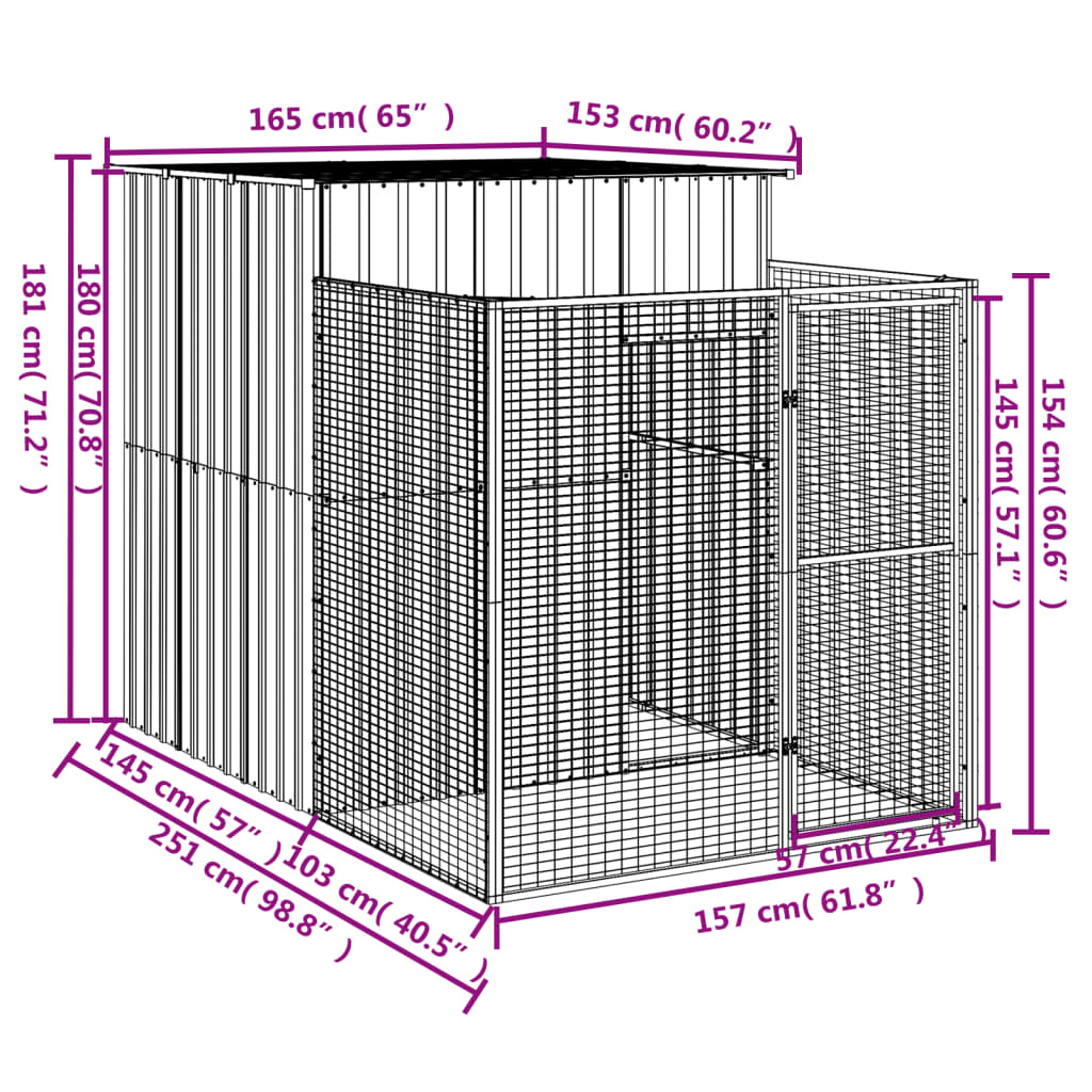 Dog House with Run Light Grey 165x251x181 cm Galvanised Steel