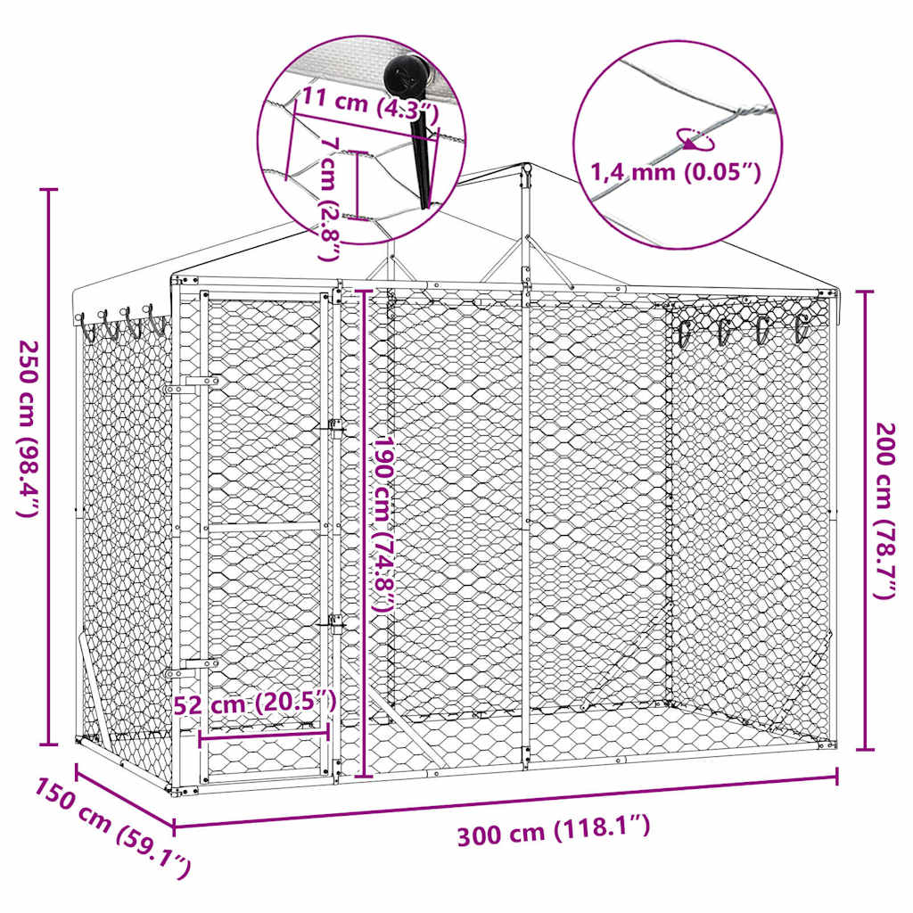 Outdoor Dog Kennel with Roof Silver 3x1.5x2.5 m Galvanised Steel