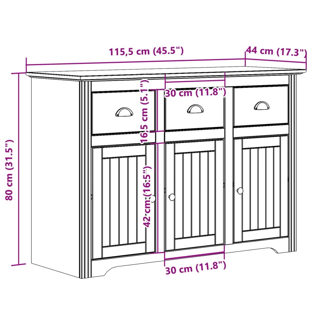 vidaXL Sideboard BODO Grey 115x43x79.5 cm Solid Wood Pine