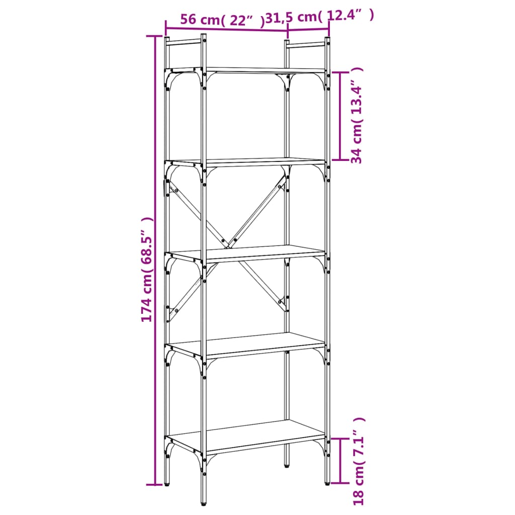 Bookcase 5-Tier Grey Sonoma 56x31,5x174 cm Engineered Wood
