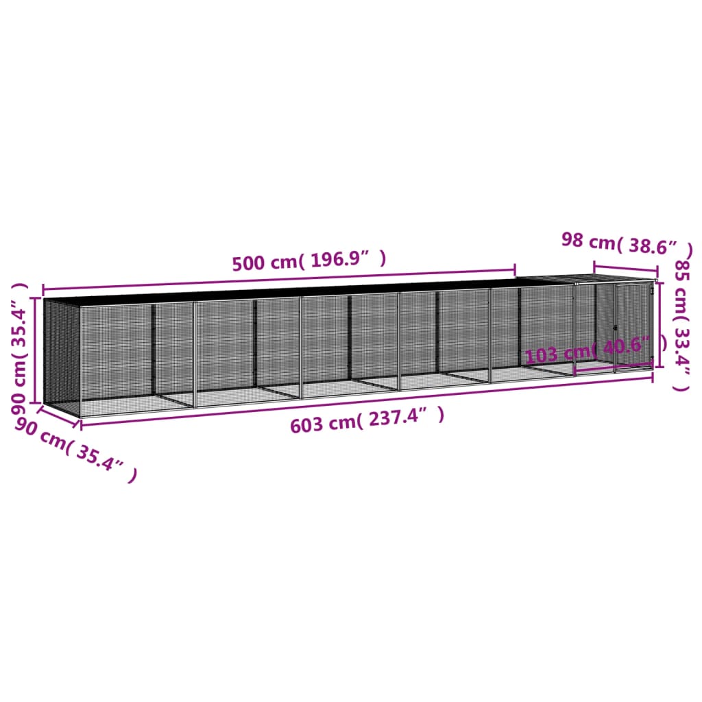 vidaXL Chicken Cage with Roof Light Grey 603x98x90 cm Galvanised Steel