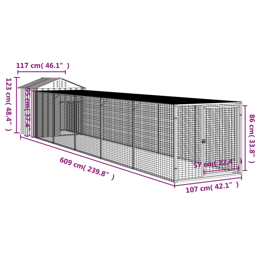 vidaXL Chicken Cage with Run Anthracite 117x609x123 cm Galvanised Steel