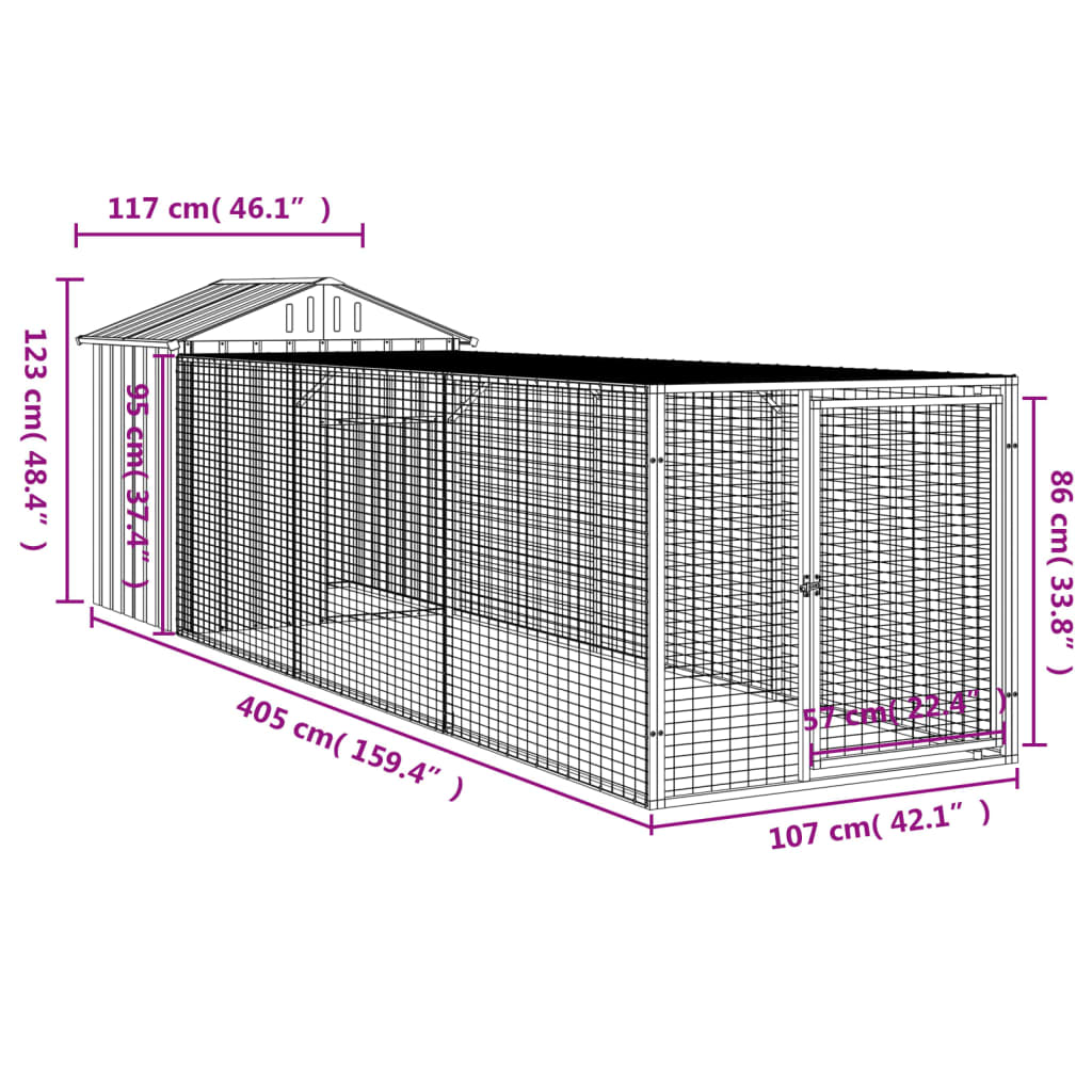 vidaXL Chicken Cage with Run Light Grey 117x405x123 cm Galvanised Steel