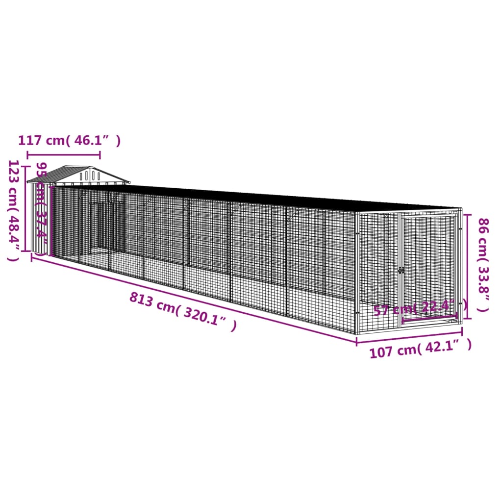 Chicken Cage with Run Light Grey 117x813x123 cm Galvanised Steel