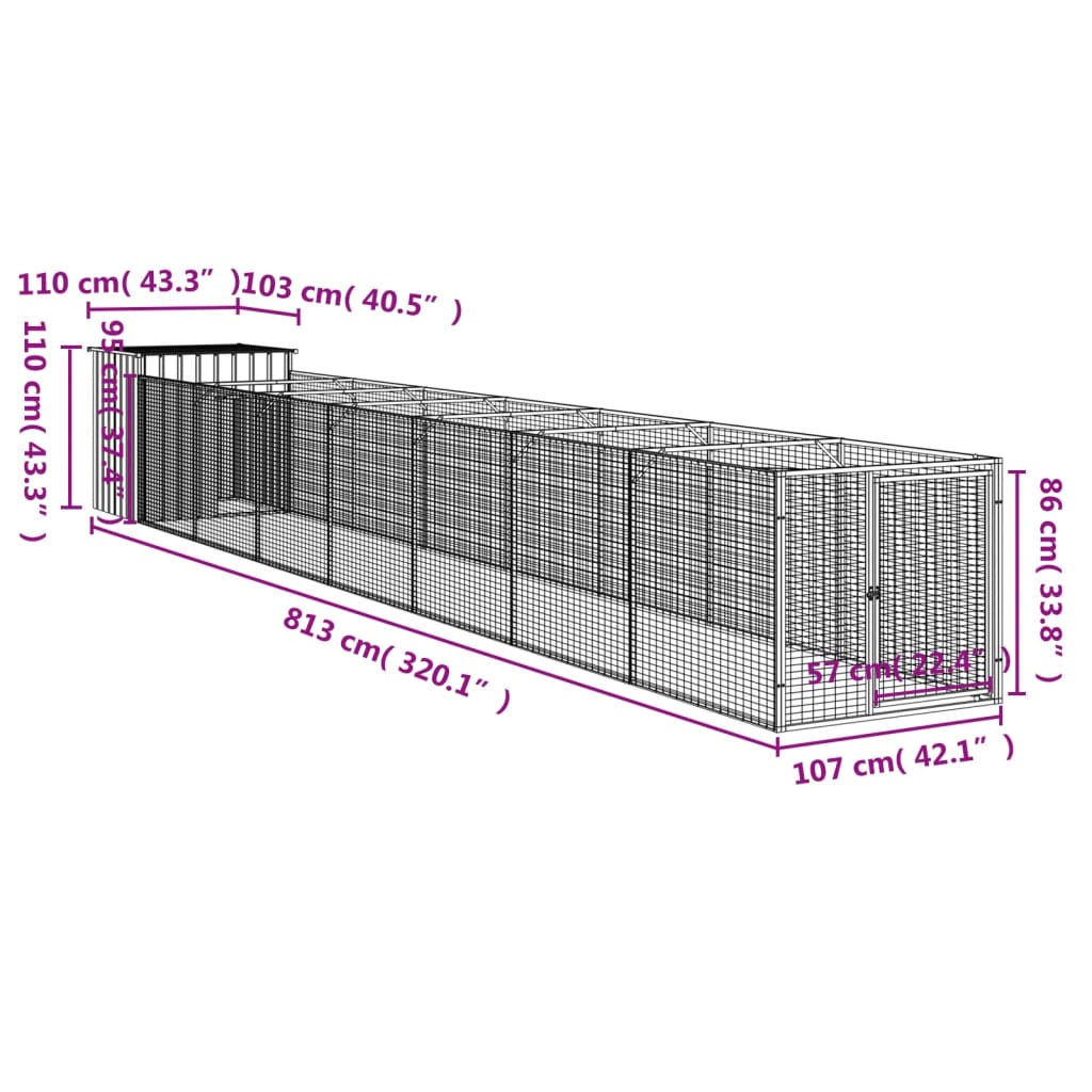 vidaXL Dog House with Run Anthracite 110x813x110 cm Galvanised Steel