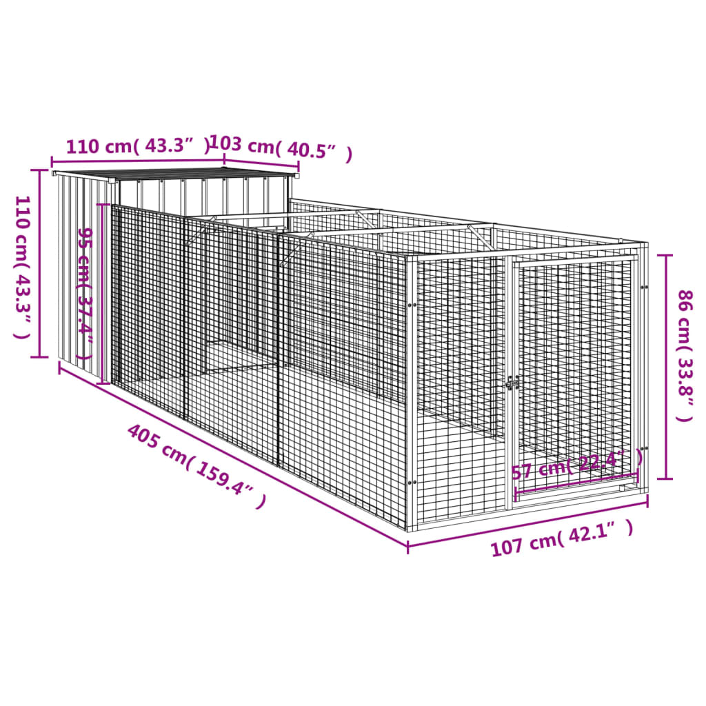 vidaXL Dog House with Run Light Grey 110x405x110 cm Galvanised Steel