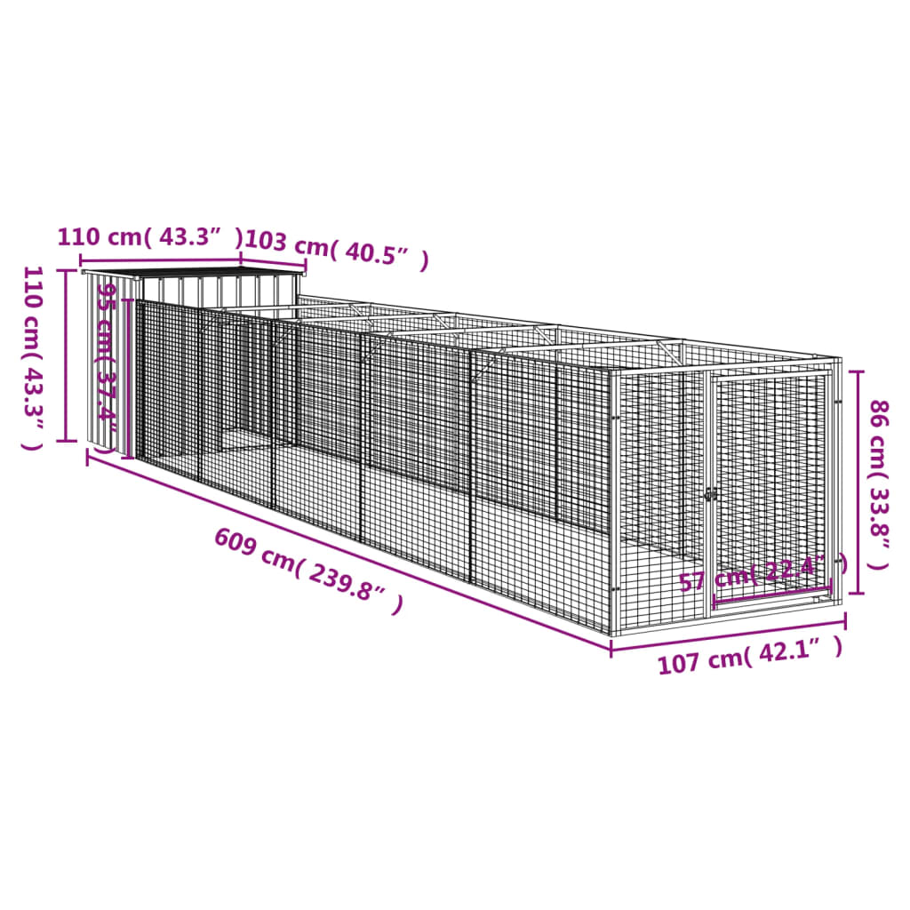 vidaXL Dog House with Run Light Grey 110x609x110 cm Galvanised Steel