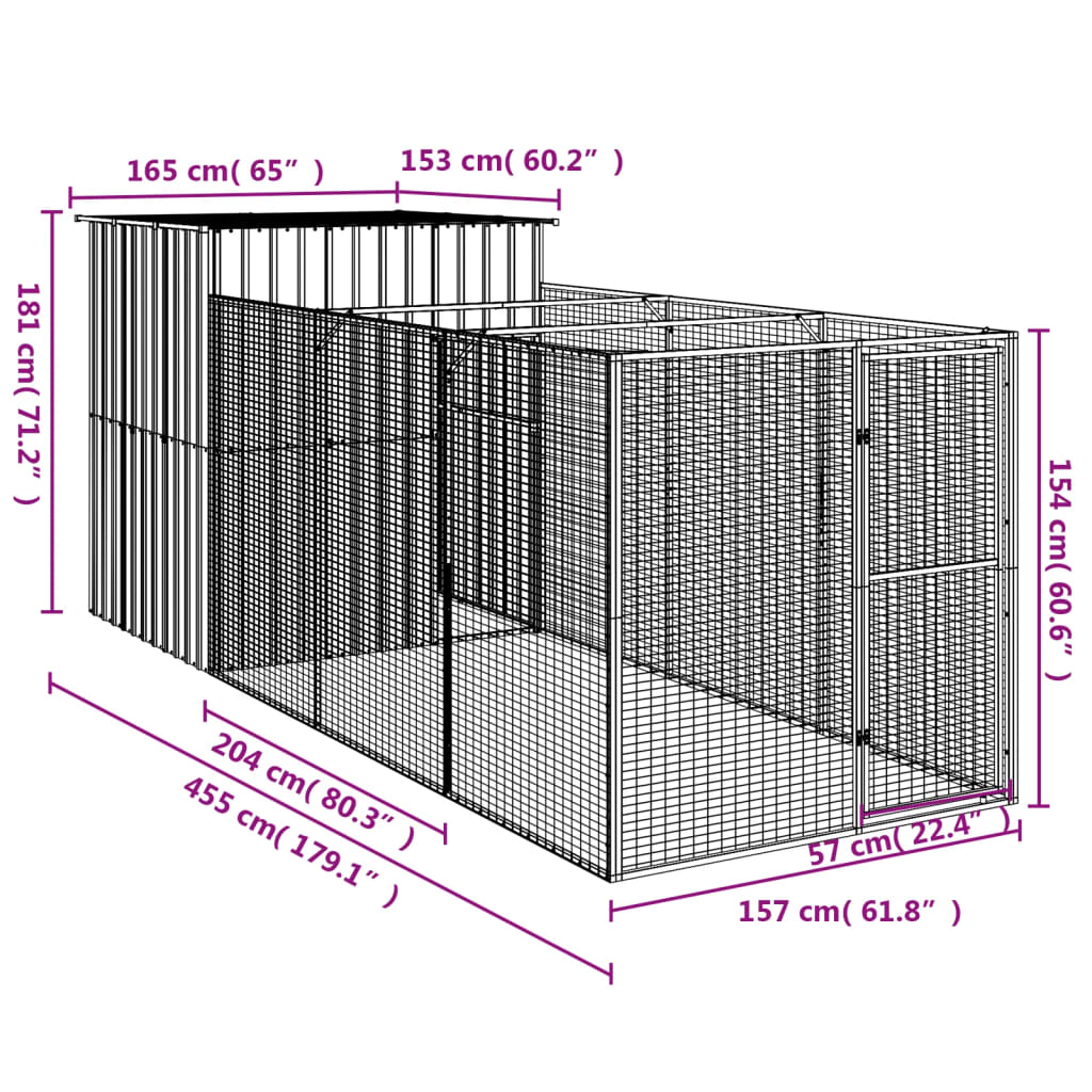 Dog House with Run Anthracite 165x455x181 cm Galvanised Steel