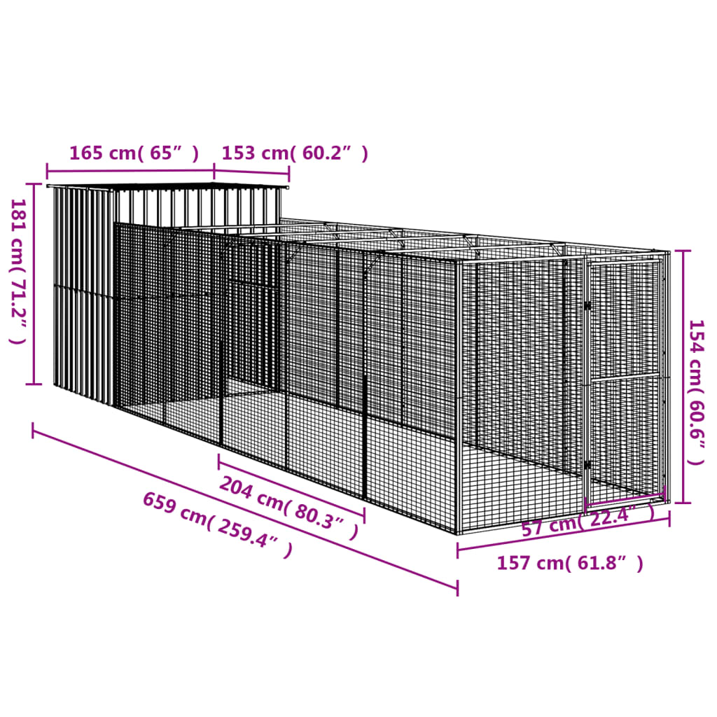 vidaXL Dog House with Run Anthracite 165x659x181 cm Galvanised Steel