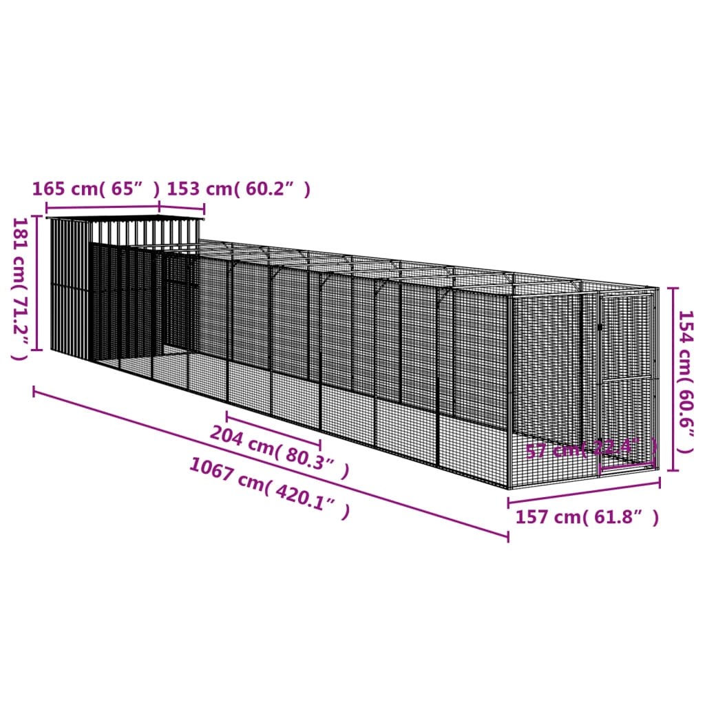 vidaXL Dog House with Run Anthracite 165x1067x181 cm Galvanised Steel