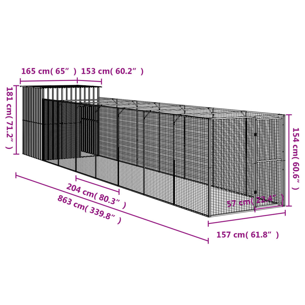 Dog House with Run Light Grey 165x863x181 cm Galvanised Steel