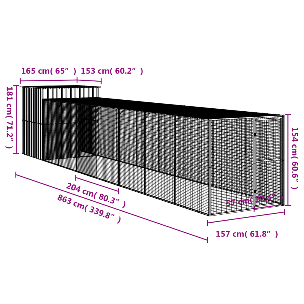 vidaXL Chicken Cage with Run Light Grey 165x863x181 cm Galvanised Steel