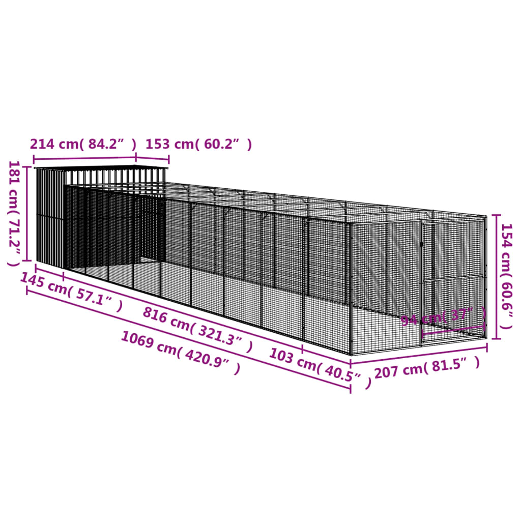 vidaXL Dog House with Run Anthracite 214x1069x181 cm Galvanised Steel