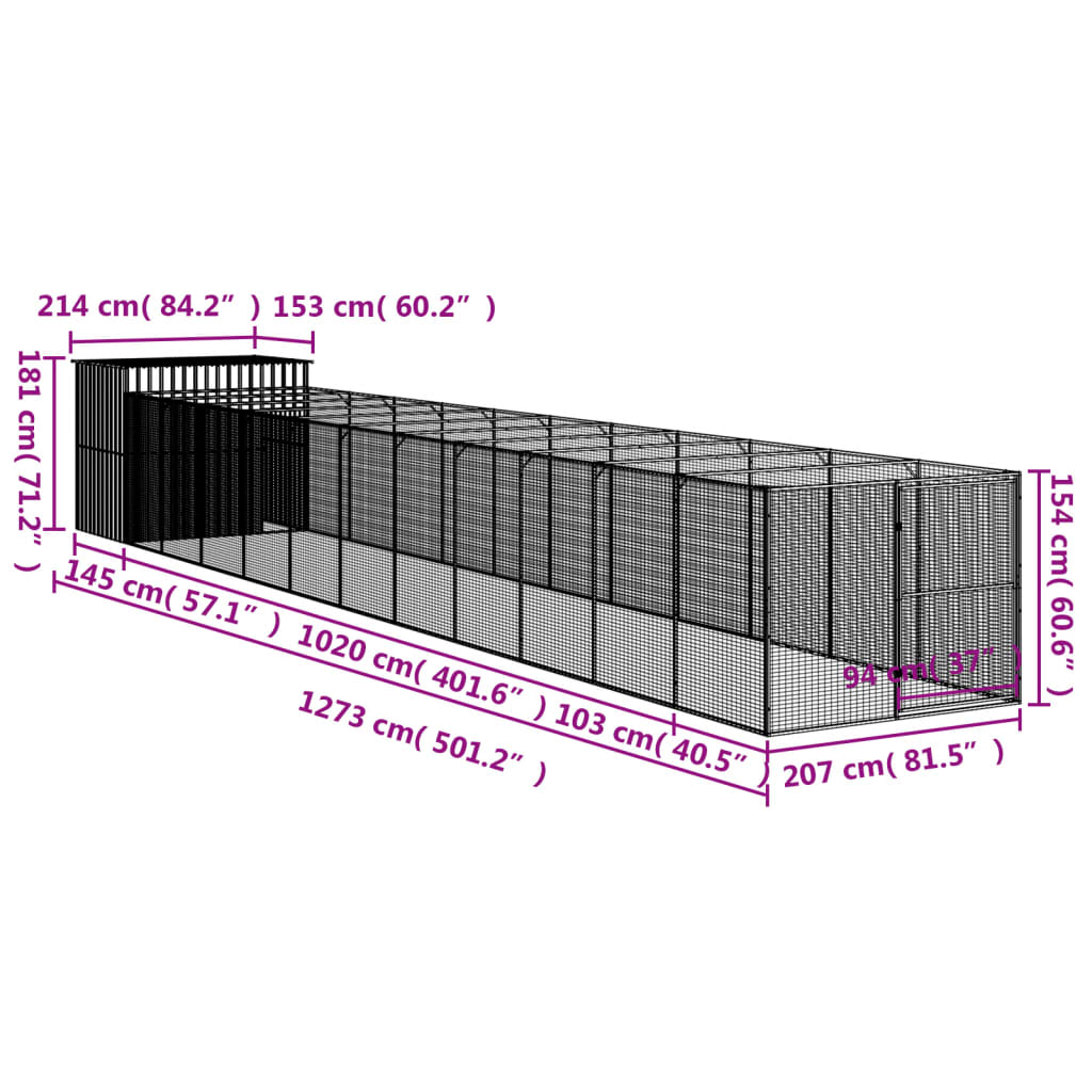 vidaXL Dog House with Run Anthracite 214x1273x181 cm Galvanised Steel