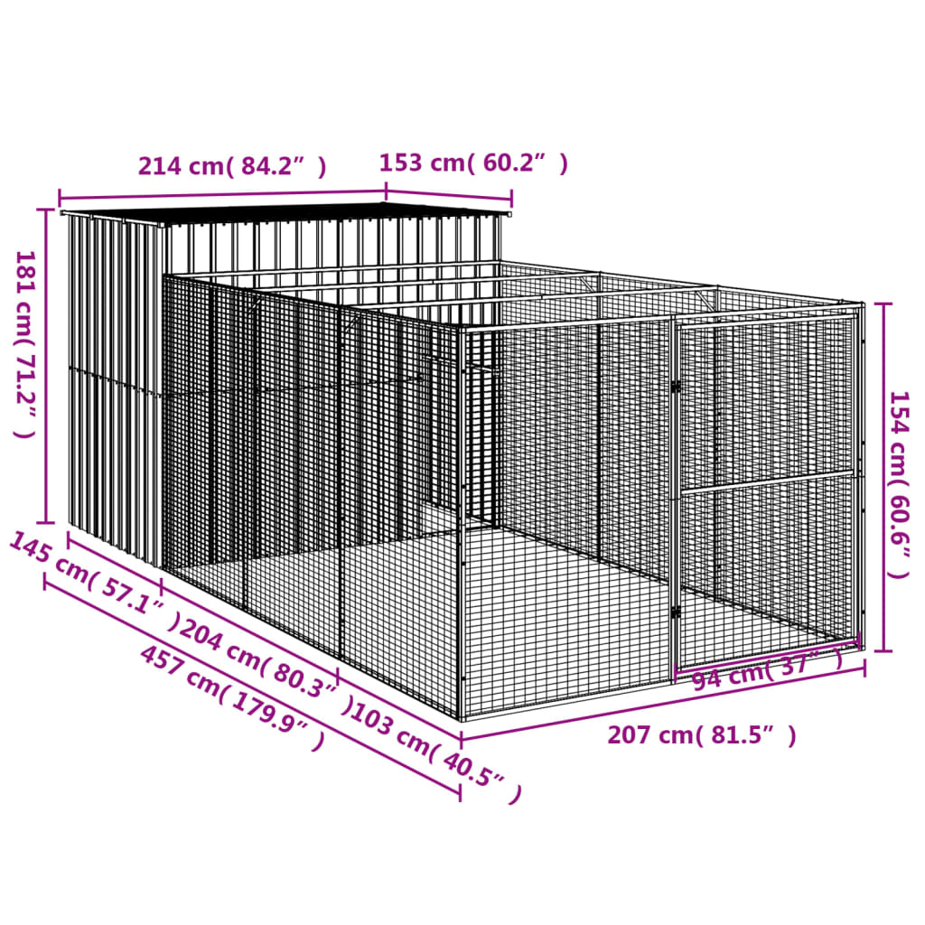 Dog House with Run Light Grey 214x457x181 cm Galvanised Steel