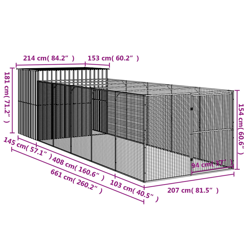 vidaXL Dog House with Run Light Grey 214x661x181 cm Galvanised Steel