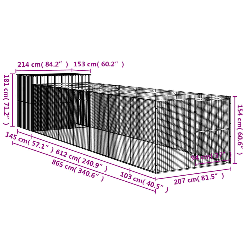 vidaXL Dog House with Run Light Grey 214x865x181 cm Galvanised Steel