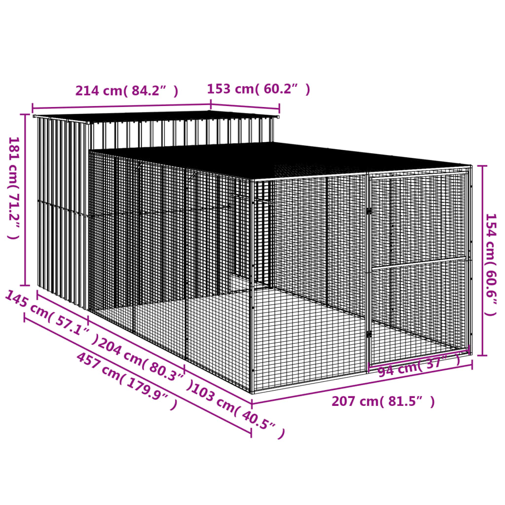 vidaXL Dog House with Run Anthracite 214x457x181 cm Galvanised Steel