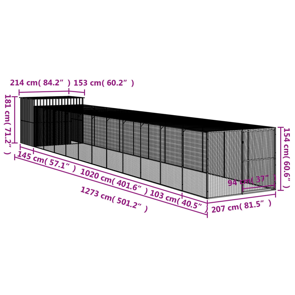 Dog House with Run Anthracite 214x1273x181 cm Galvanised Steel