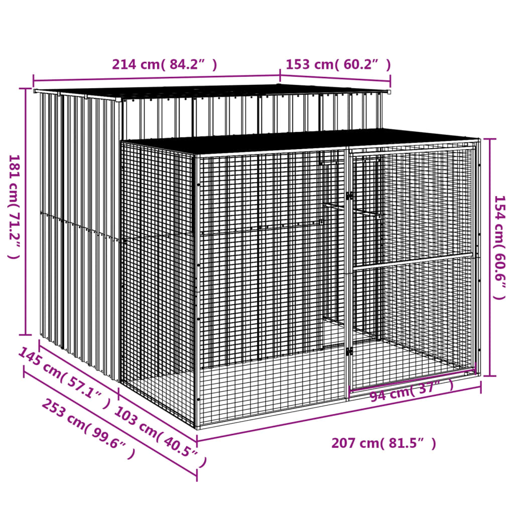 vidaXL Dog House with Run Light Grey 214x253x181 cm Galvanised Steel