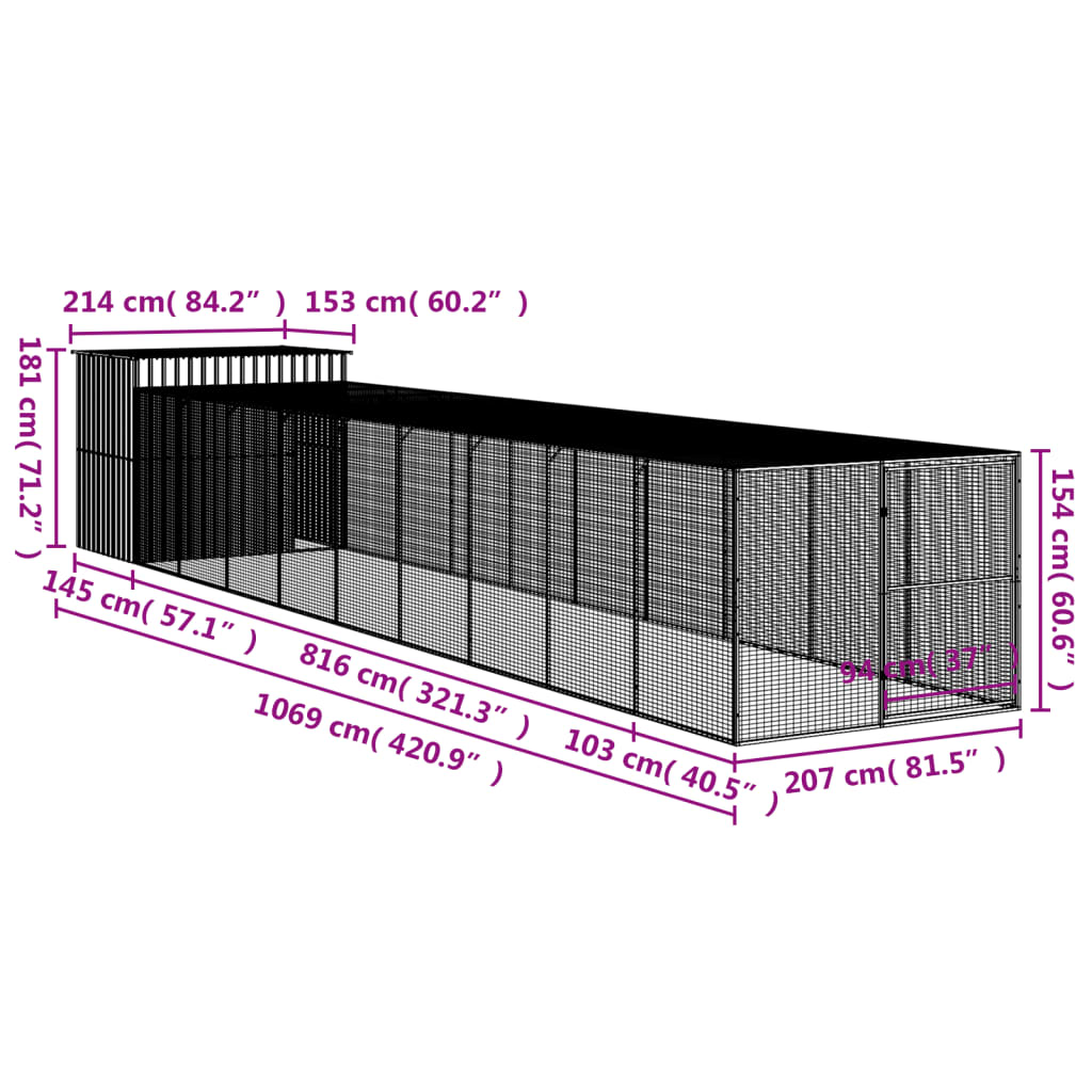 vidaXL Dog House with Run Light Grey 214x1069x181 cm Galvanised Steel