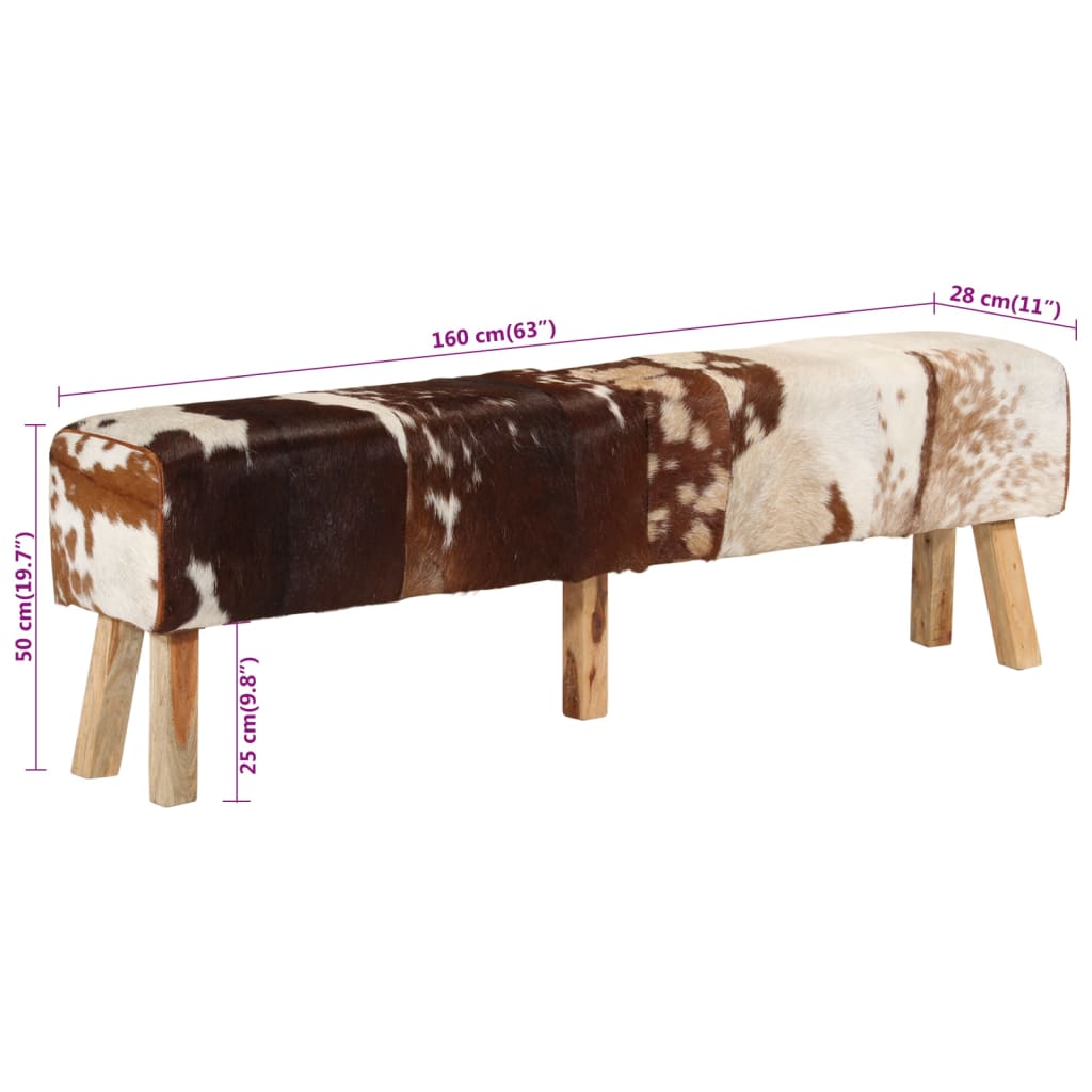 vidaXL Bench Brown and White 160x28x50 cm Real Goat Leather