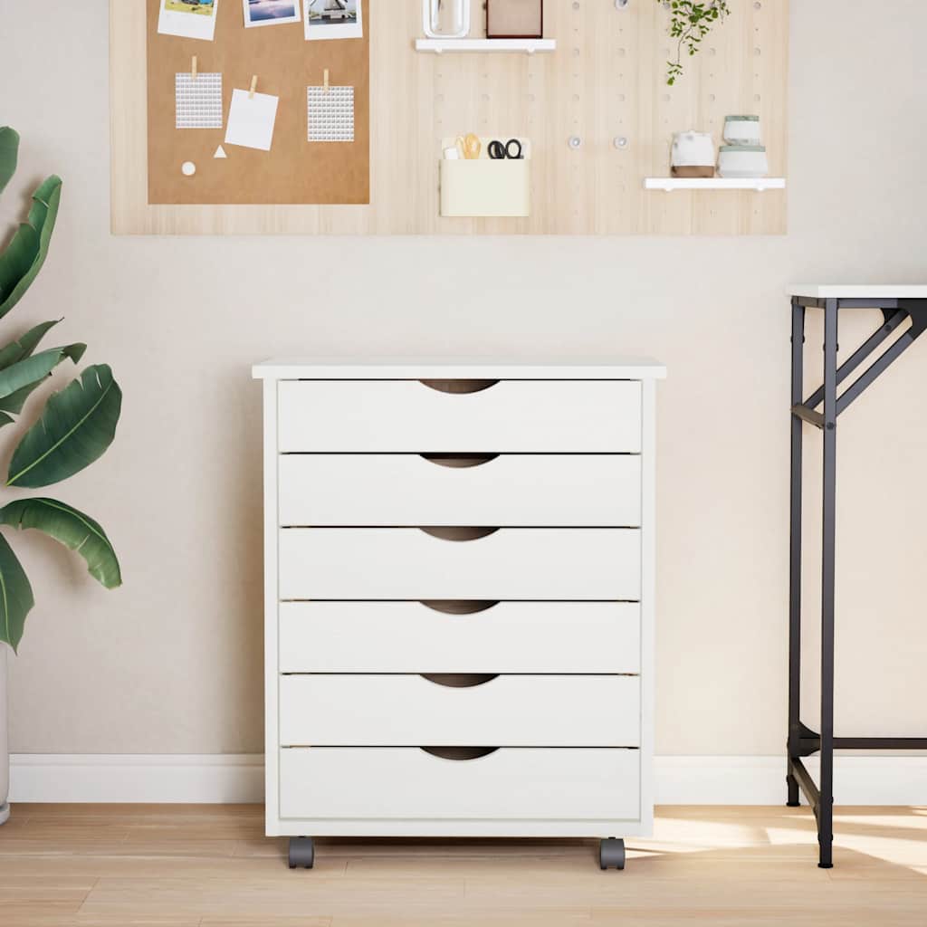 Rolling Cabinet with Drawers MOSS White Solid Wood Pine
