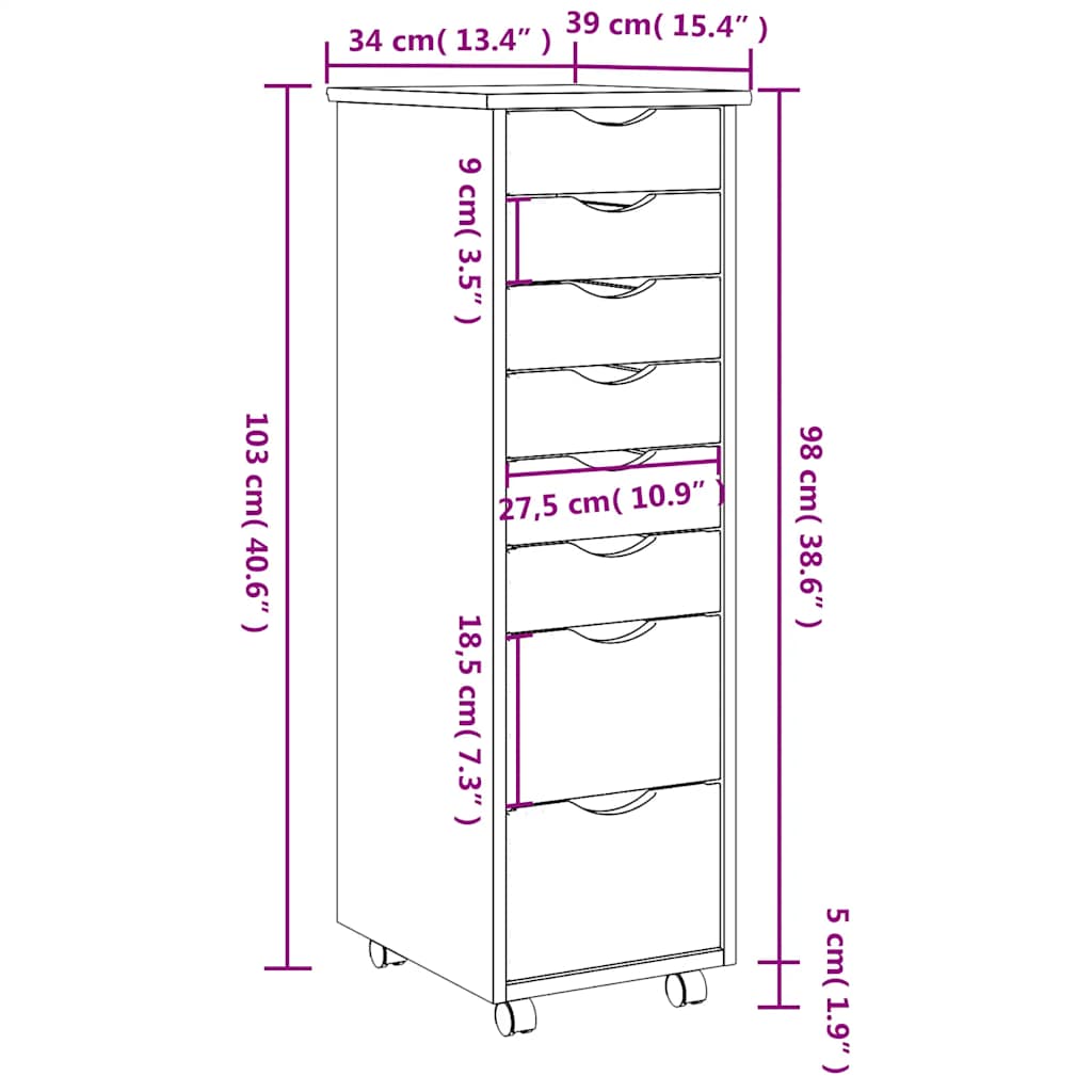 Rolling Cabinet with Drawers MOSS White Solid Wood Pine