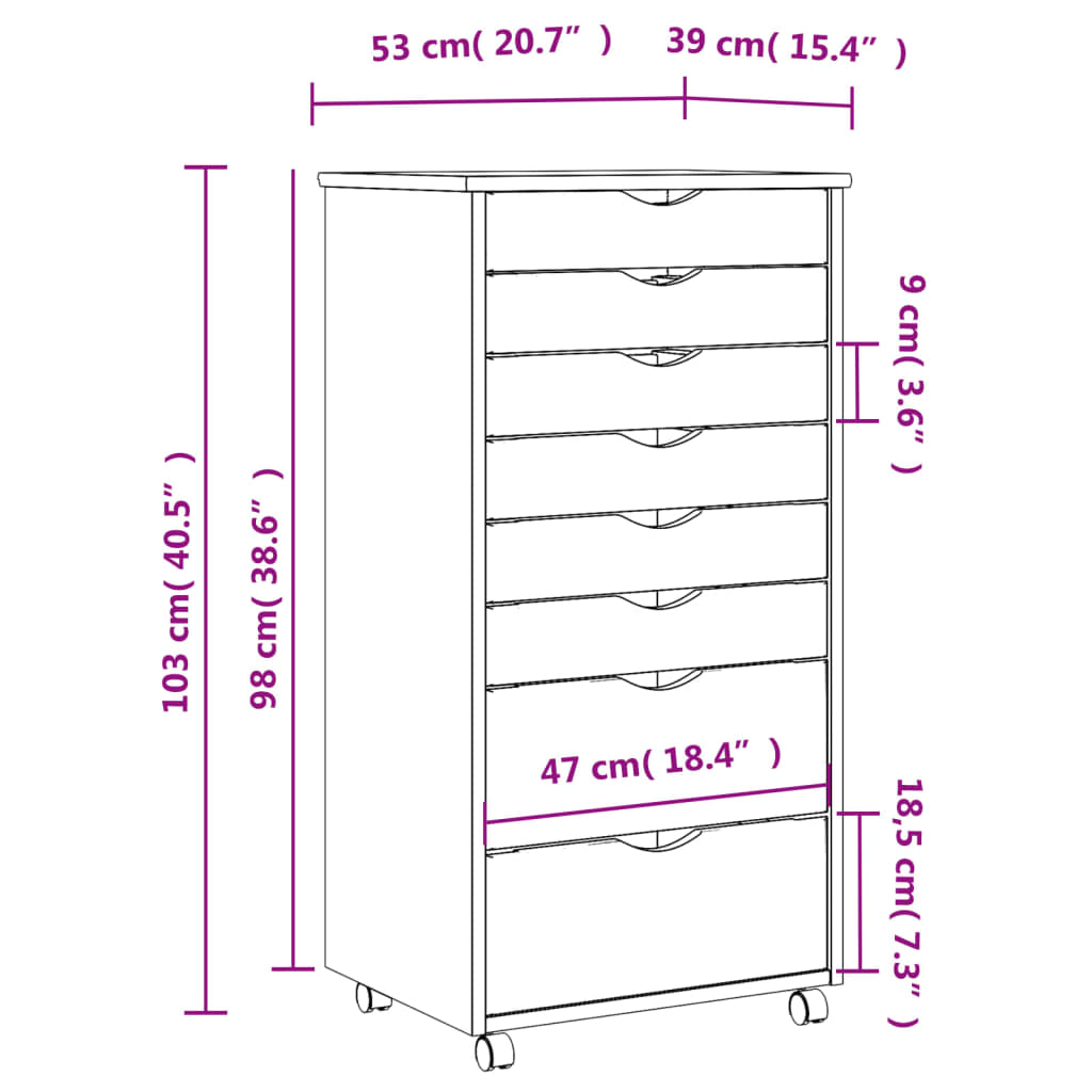 vidaXL Rolling Cabinet with Drawers MOSS White Solid Wood Pine