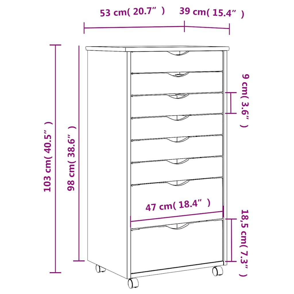 Rolling Cabinet with Drawers MOSS White Solid Wood Pine