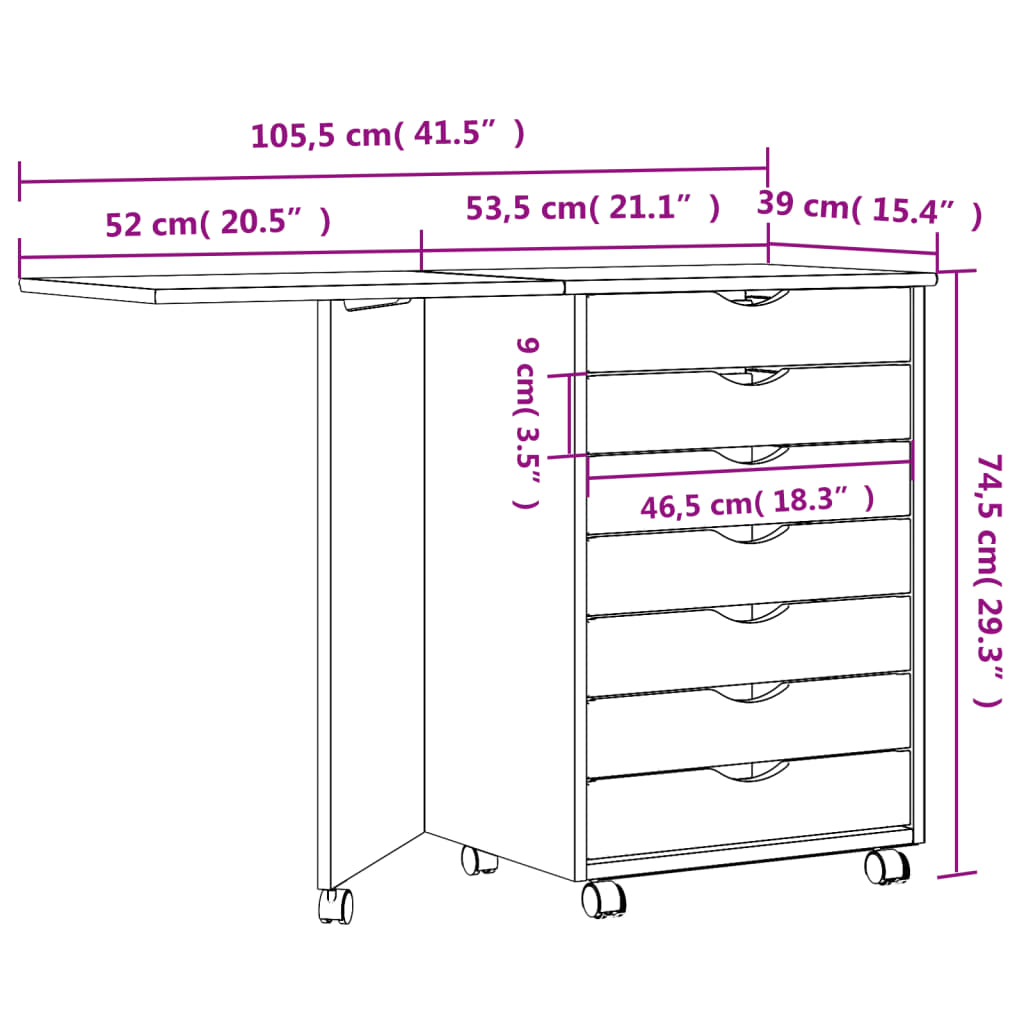 vidaXL Rolling Cabinet with Desk MOSS White Solid Wood Pine