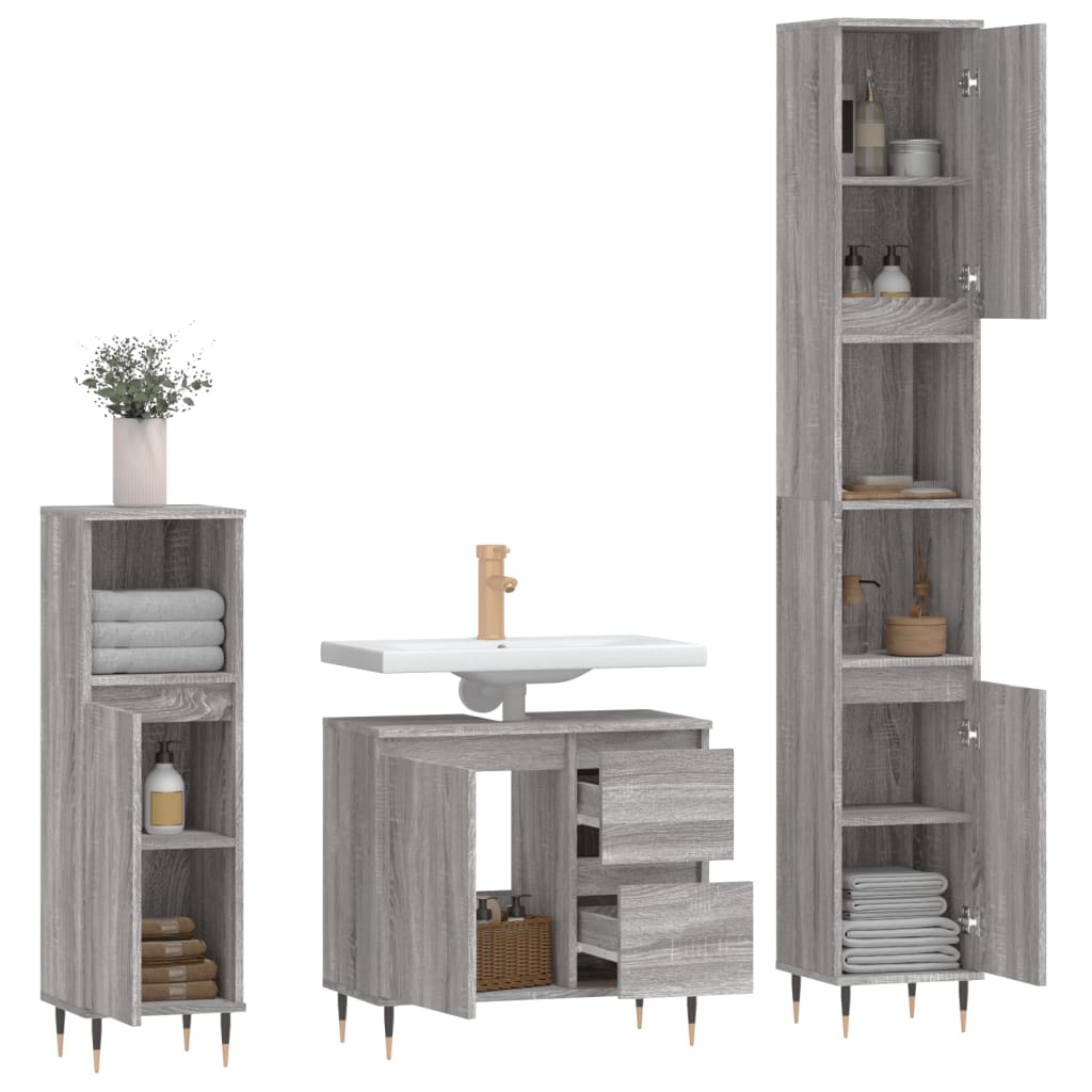 vidaXL 3 Piece Bathroom Furniture Set Grey Sonoma Engineered Wood