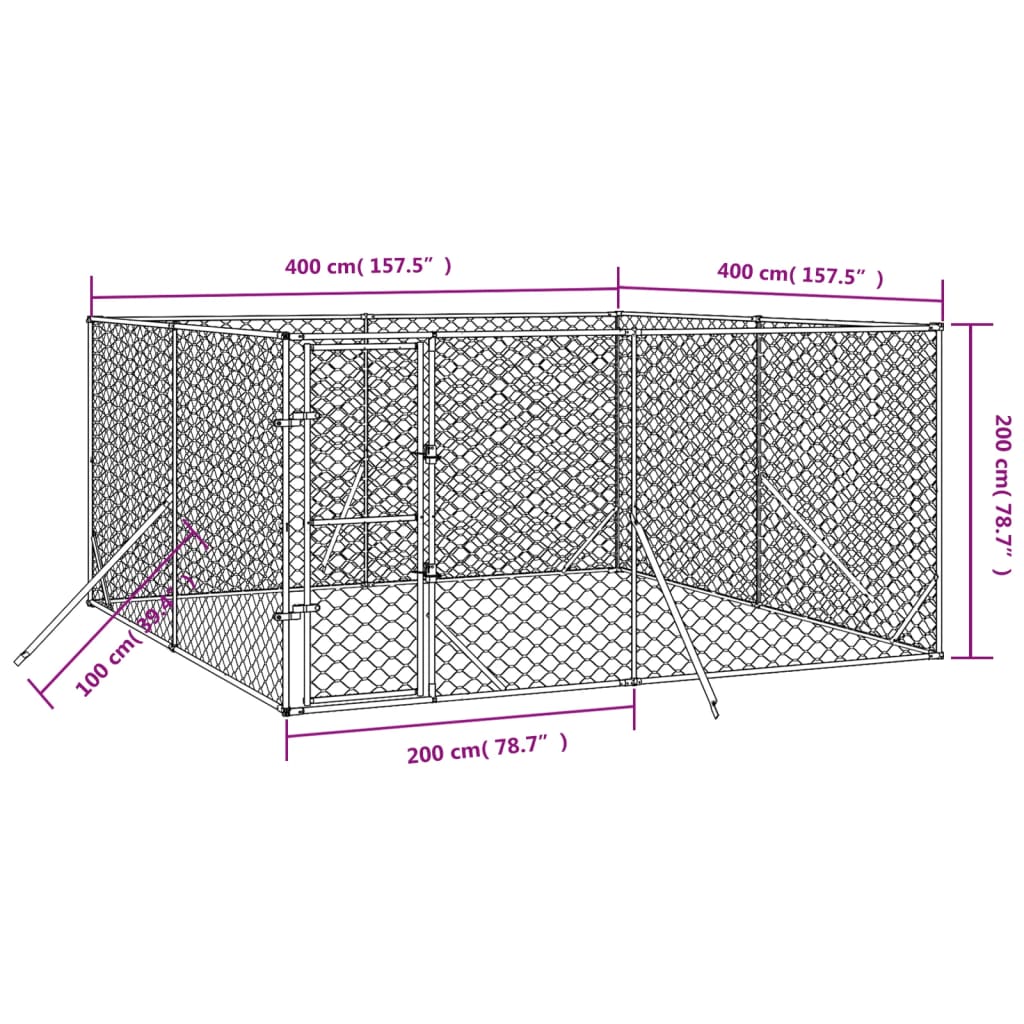 vidaXL Outdoor Dog Kennel Silver 4x4x2 m Galvanised Steel