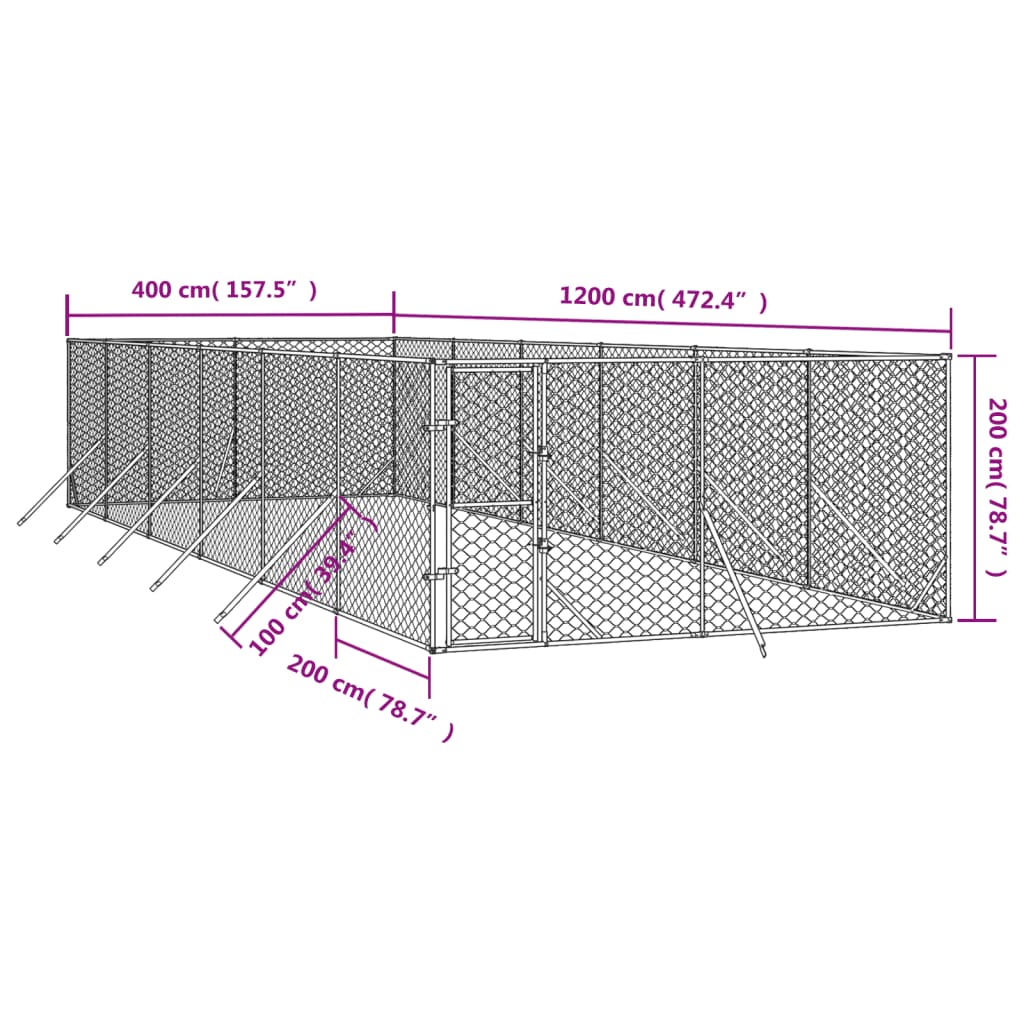 vidaXL Outdoor Dog Kennel Silver 4x12x2 m Galvanised Steel