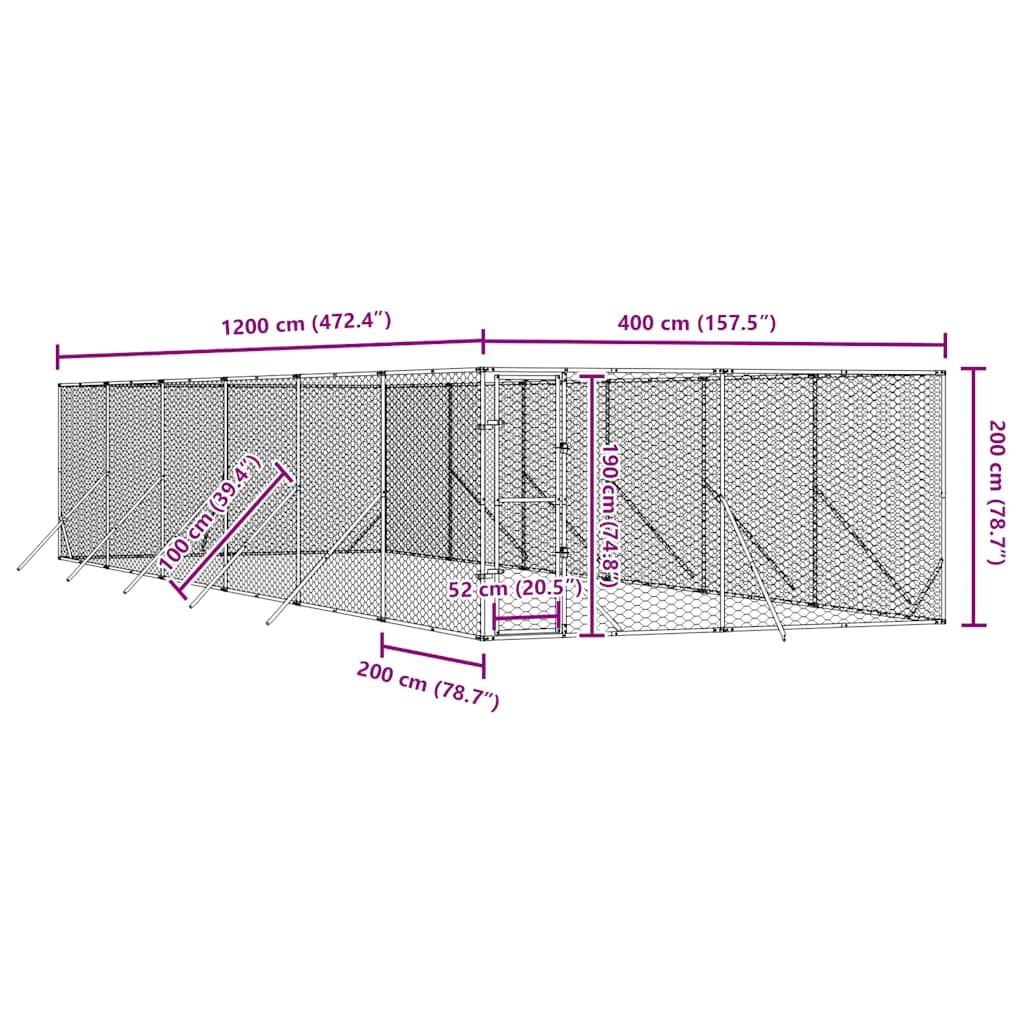 Outdoor Dog Kennel Silver 4x12x2 m Galvanised Steel