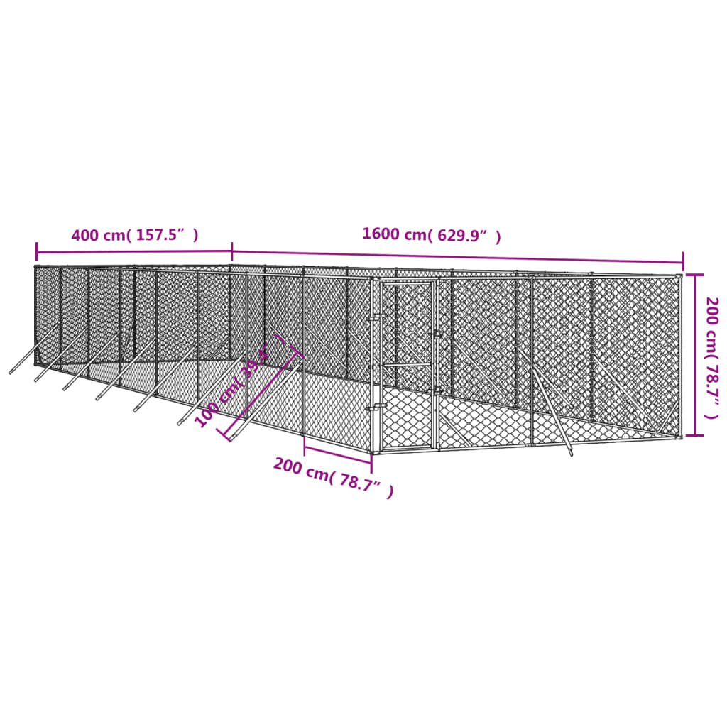 vidaXL Outdoor Dog Kennel Silver 4x16x2 m Galvanised Steel