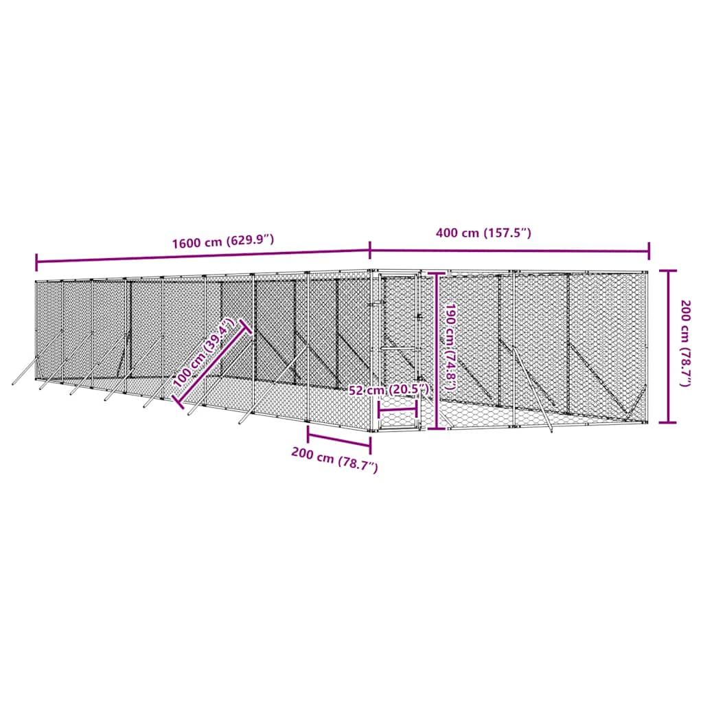 Outdoor Dog Kennel Silver 4x16x2 m Galvanised Steel