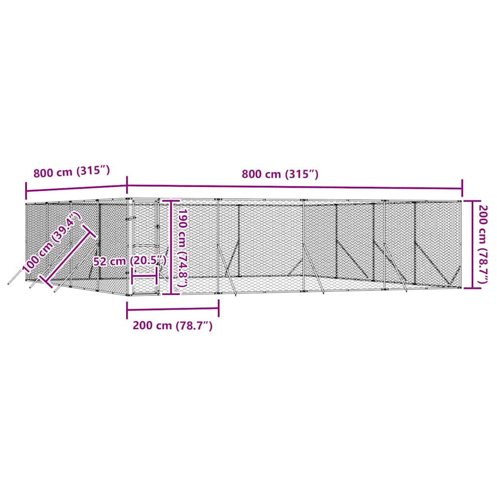 Outdoor Dog Kennel Silver 8x8x2 m Galvanised Steel